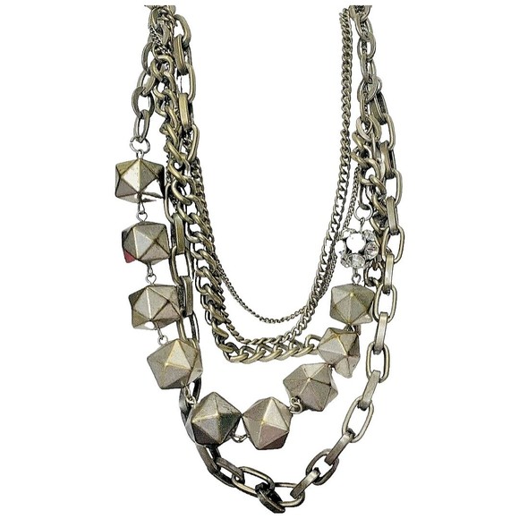 Vera Wang Layered Rhinestone Gunmetal Statement Necklace 22” Multi Chain - Picture 3 of 12